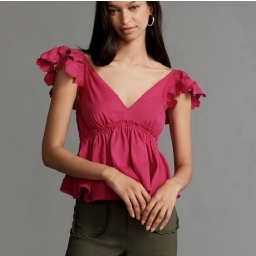 NWT Anthropologie Chic Summer Fuchsia Floral Ruffle Sleeve Blouse - Size XL